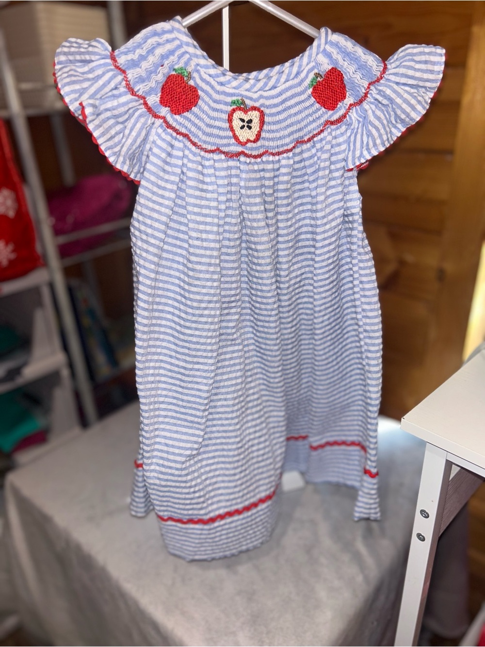 Blue & White Striped Girls Dress with Red Apple Applique